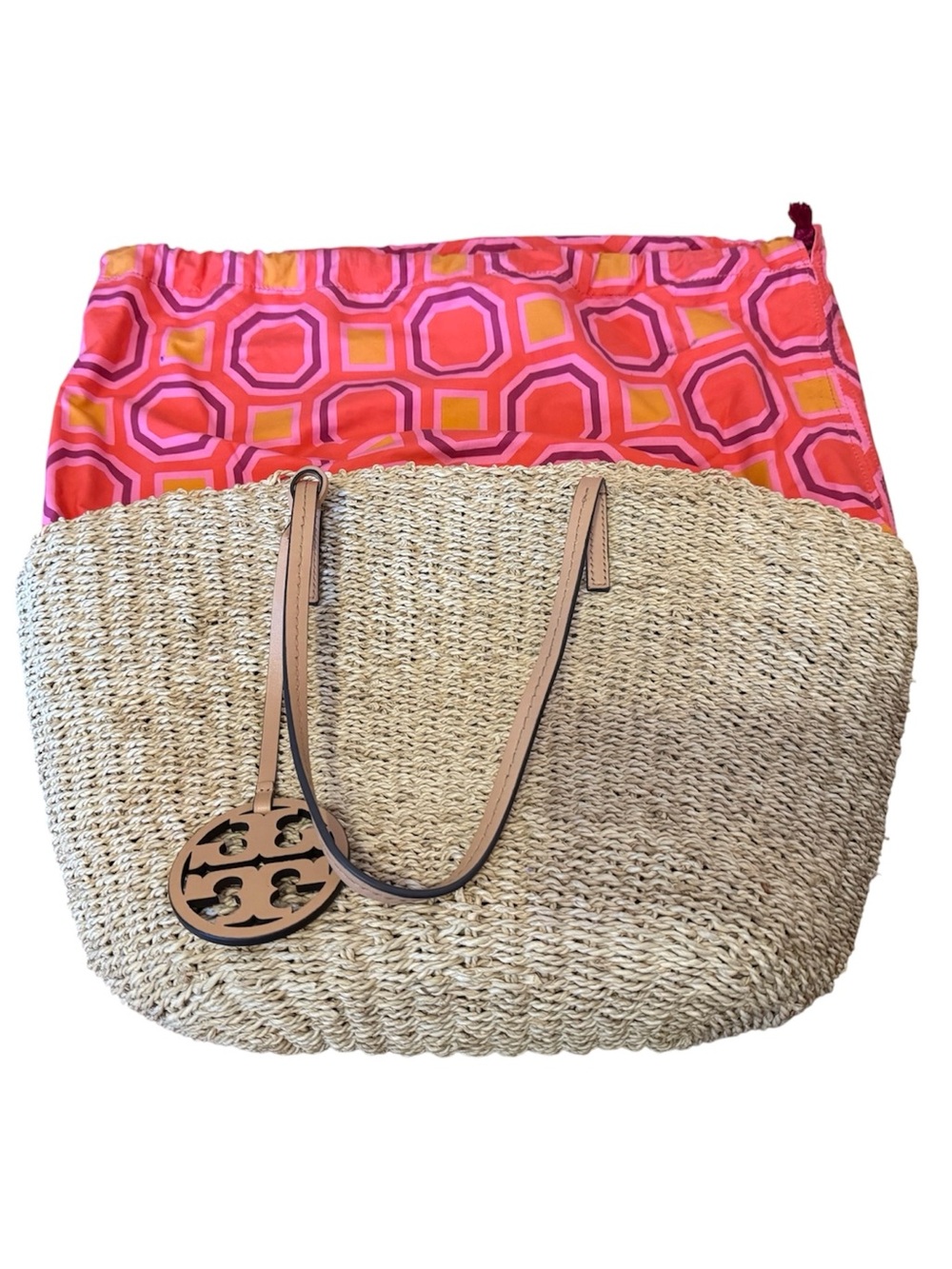 Tory Burch Natural Woven Raffia Straw Tote Drawstring Geometric Double T Logo - Picture 3 of 12